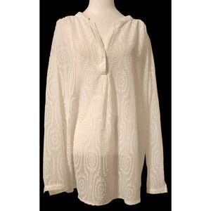 Retro Threads XXXL White Hooded Tunic Top Long Sleeve Textured Pattern Blouse